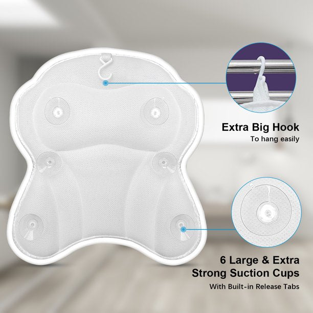 Bath Pillow, 3D Air Mesh Support Head Neck Shoulder & Back Bathtub Pillow Six Power Suction Comfortable Spa Bath Pillow White