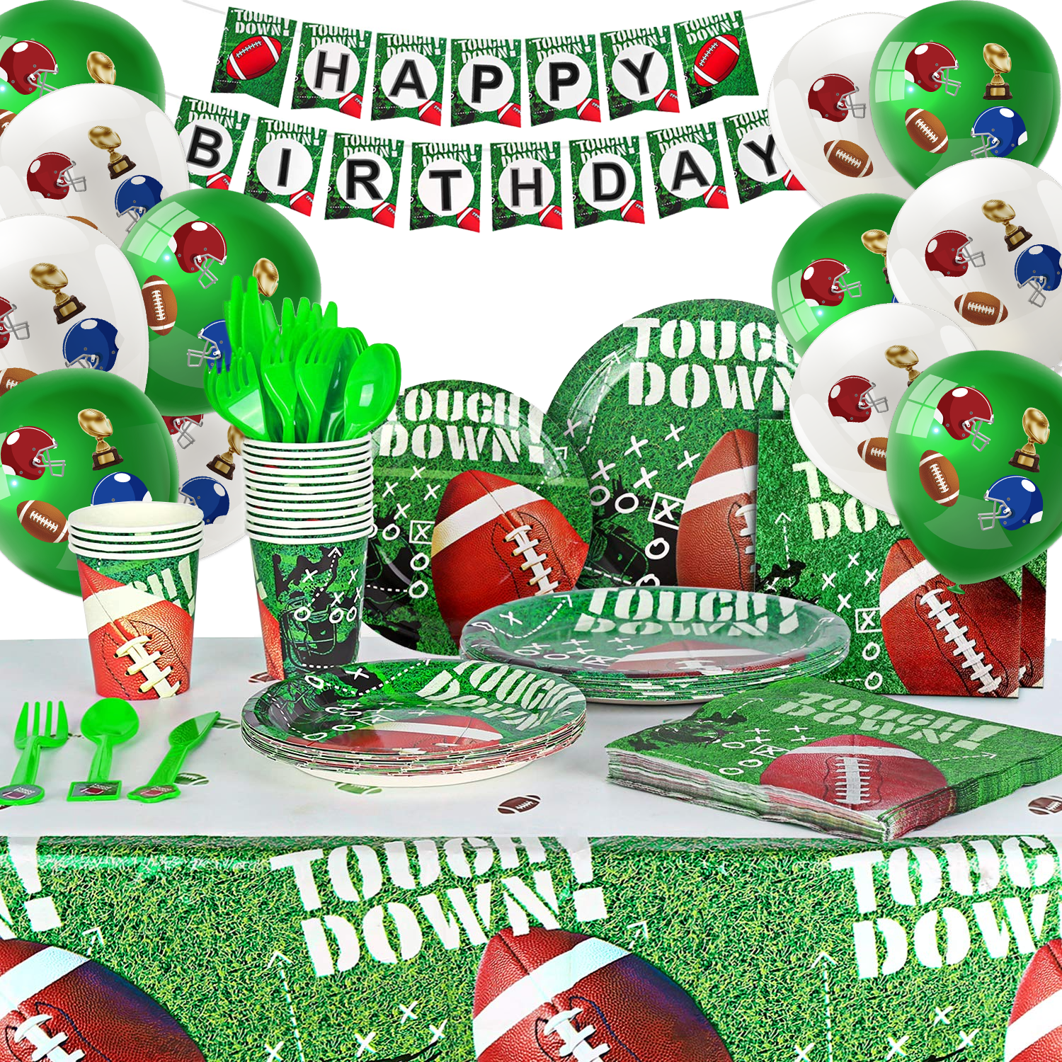 Football Party Supplies Set for 16 Guests, Includes Happy Birthday Banner, Balloons, Plates, Napkins, Spoons, Cups, Tablecloth for Kids Birthday Party Decorations