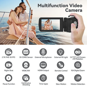 Doosl Digital Video Camera Camcorder, UHD 2.7K 30 FPS 48.0 MP Vlogging Camera Recorder for Youtube, 16X Digital Zoom, Black