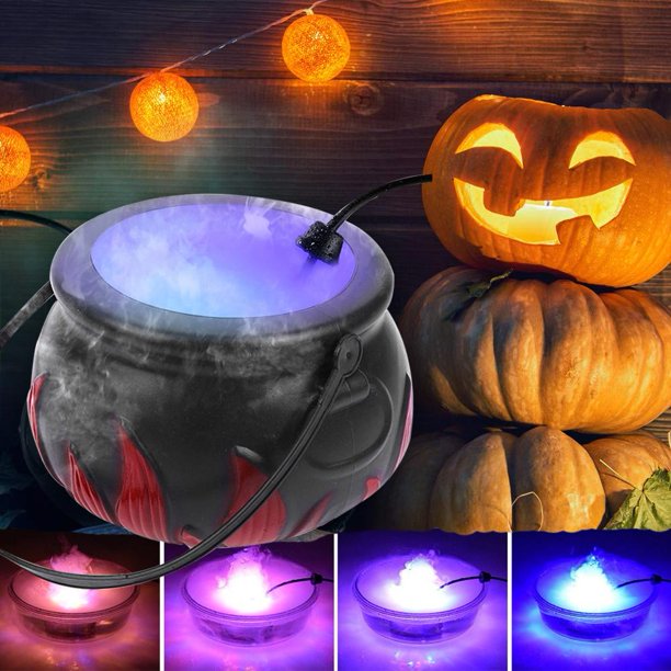 Halloween Witch Cauldron with Mist Maker,Witch Jar Atomizer Lamp Punch Bowl with 12 LED Light Color Change Fogger Mini Candy Cauldron Decor