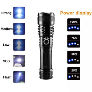 10000 Lumens Tactical Flashlight,Rechargeable Waterproof Searchlight XHP70 Super Bright Handheld Led Flashlight Tactical Flashlight 22650 Battery USB Zoom Torch for Emergency Hiking Hunting Camping