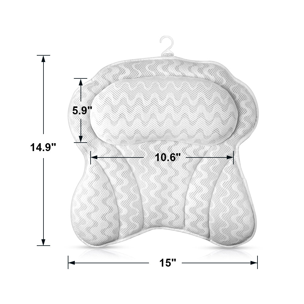 Bath Pillow, 3D Air Mesh Support Head Neck Shoulder & Back Bathtub Pillow Six Power Suction Comfortable Spa Bath Pillow White