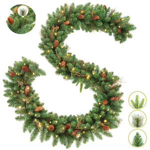 Melliful 9 ft Pre-lit Christmas Garland, Green Xmas Garland with Battery Operated LED Lights, Pine Needles Branches Pine Cones Artificial Christmas Decoration Indoor Home Fireplace Front Door