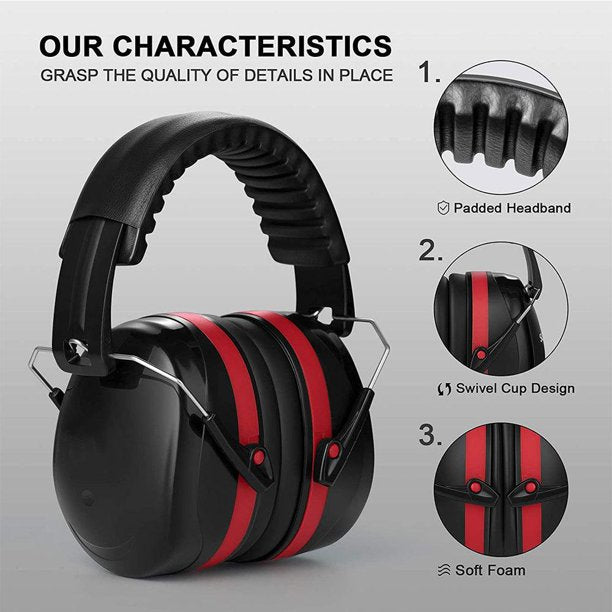Noise Reduction Safety Ear Muffs, NRR 28dB Shooters Hearing Protection Earmuffs for Shooting Range Mowing Construction Manufacturing Woodwork Men Women Adult -Red
