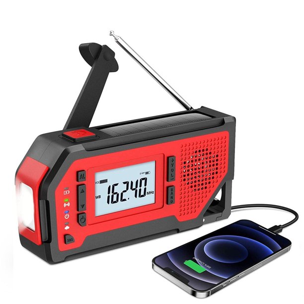 Solar Radio, Emergency Broadcast Weather Alarm Broadcast Hand Crank Radio AM/FM/NOAA Home And Antenna Weather Broadcast, LED Flashlight 2000mAh Portable Radio