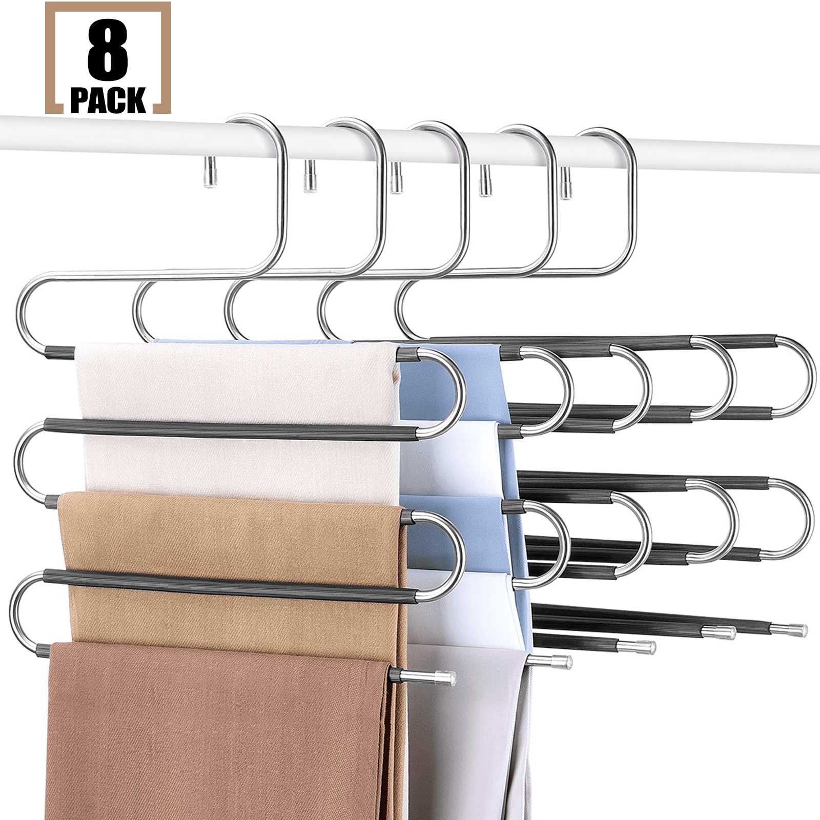 Pants Hangers Space Saving 8 Pack, 5 Layer Stainless Steel S-Shape Jeans Trousers Hangers, Greentro Closet Storage Organizer for Pants Jeans Scarf Hanging