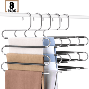 Pants Hangers Space Saving 8 Pack, 5 Layer Stainless Steel S-Shape Jeans Trousers Hangers, Greentro Closet Storage Organizer for Pants Jeans Scarf Hanging