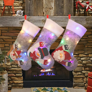 Melliful Christmas Stockings, 3 Pack 11 Inches Pre-Lit 3D Santa Claus Snowman Reindeer Stocking, Fireplace Hanging Decorations for Family Holiday Xmas Party