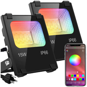 LAIGHTER LED RGB Flood Light Color Changing Outdoor, 2 Pack 15W Bluetooth Smart RGB Flood Light APP Control, IP66 Waterproof, 2700K Warm White & 16 Million Colors, 20 Modes for Garden, Party, Stage