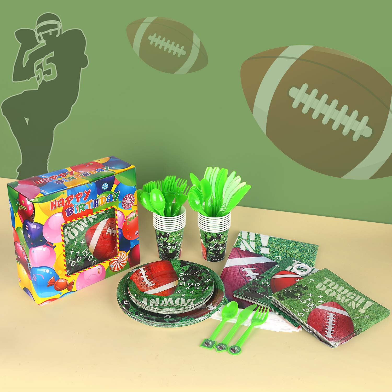 Football Party Supplies Set for 16 Guests, Includes Happy Birthday Banner, Balloons, Plates, Napkins, Spoons, Cups, Tablecloth for Kids Birthday Party Decorations