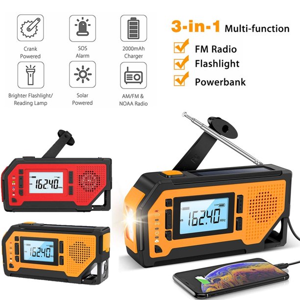 Emergency Weather Radio, Solar Hand-Cranked Radio, Indoor And Outdoor Weather Broadcast AM/FM/NOAA Channels, LED Flashlight, 2000mAh Power Bank