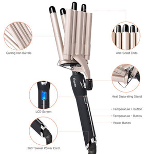 iFanze 3 Barrel Curling Iron Wand, 1" Tourmaline Ceramic Multi Functional 3 Barrel Waver Crimper Hair Iron with LCD Temperature Display, Travel Size, Beige
