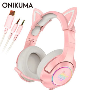 ONIKUMA Pink Gaming Headsets with Removable Cat Ears, Compatible with PC PS4 PS5 Xbox One Mobile Phones,Gaming Headphones with Surround Sound, RGB Backlight & Noise Canceling Retractable Microphone