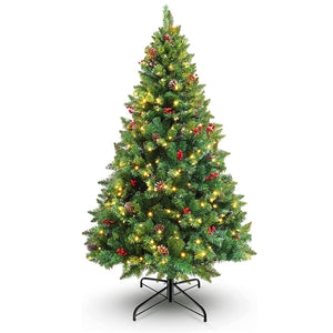 Melliful 6 Ft Christmas Tree, Pre-lit Artificial Xmas Tree with 33 Ft Colorful LED Lights, 700 Lifelike Branches, 25 Pine Cones and Red Berries, Ideal Xmas Decor for Home and Office, Green