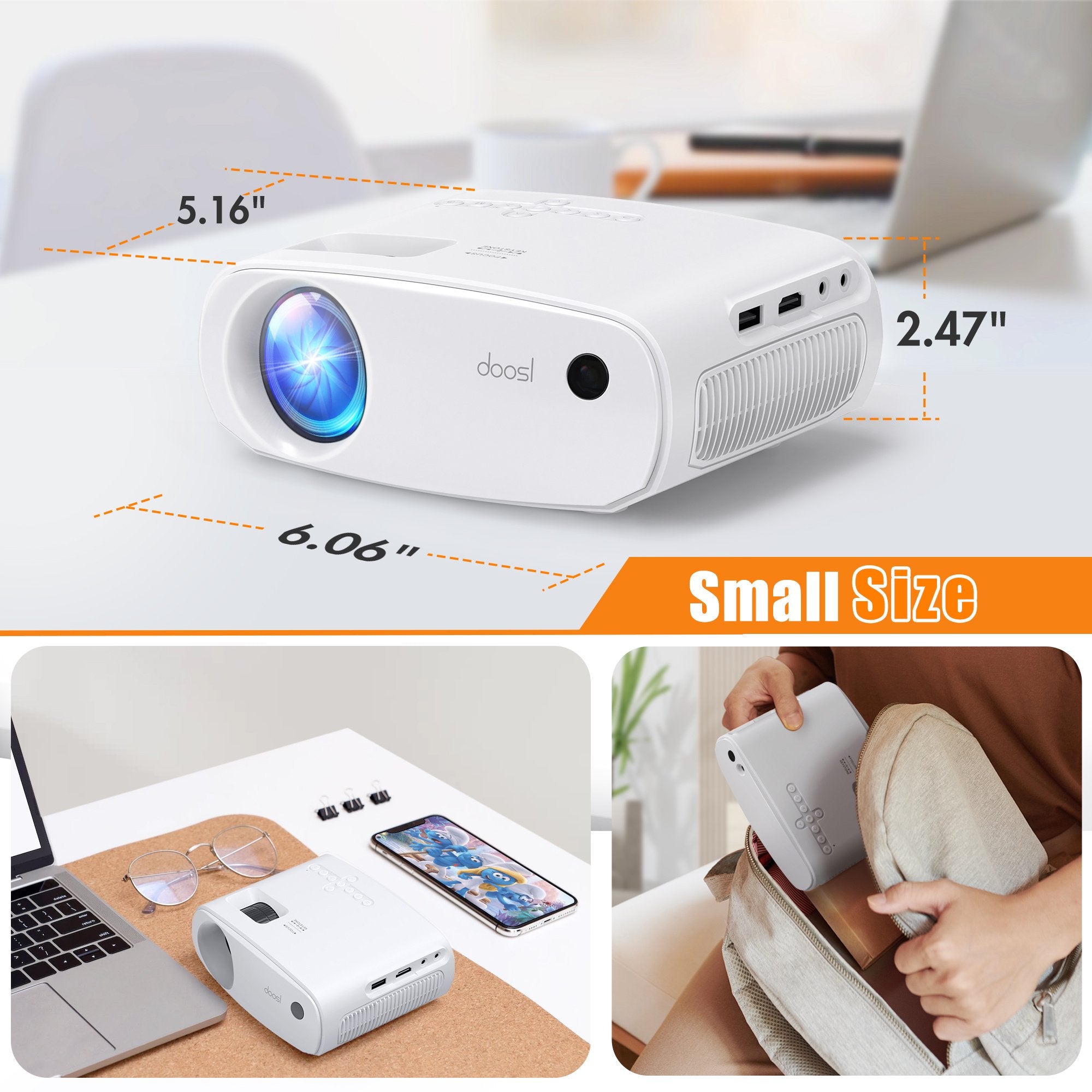 Doosl Mini Projector, Portable HD Wi-Fi Projector with Remote, 1080P Supported, 66000 Hours Lamp Life, LCD Movie Projector for Family Dormitory Kids, Compatible with TV Stick, HDMI, White