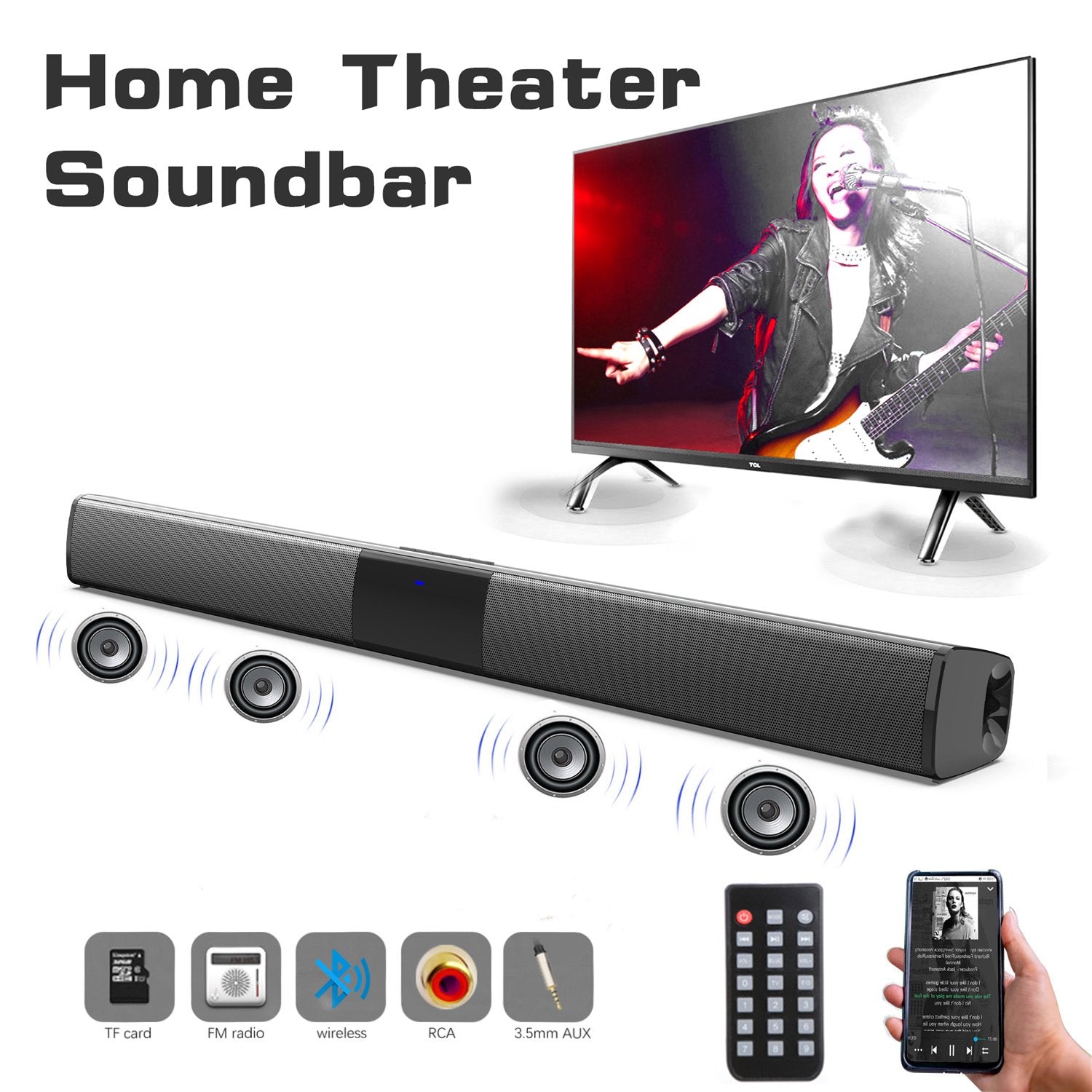 22 Inch Sound Bar with 4 Built-in Subwoofers, 20W Bluetooth Speaker with Remote, TF Play, FM Radio, Rechargeable, Wireless Soundbar for TV Smartphone PC, Black