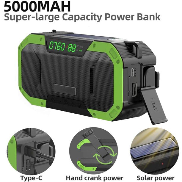 Emergency Weather Radio,Solar Hand Crank IPX6 Waterproof Weather Radio Portable 5000mAh USB Rechargeable Power Bank with LED Light, Compass, SOS Alarm for Household and Outdoor