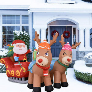 7FT Christmas Inflatable LED Lighted Santa on Sleigh with Reindeers Blow Up Outdoor Christmas Inflatable Toy Garden Decoration