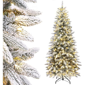 7ft Pre-Lit Artificial Pencil Christmas Tree with Flocked Snow Pre-Strung Lights Xmas Holiday Decoration, 600 Branch Tips Easy Assembly, for Home, Office, Party