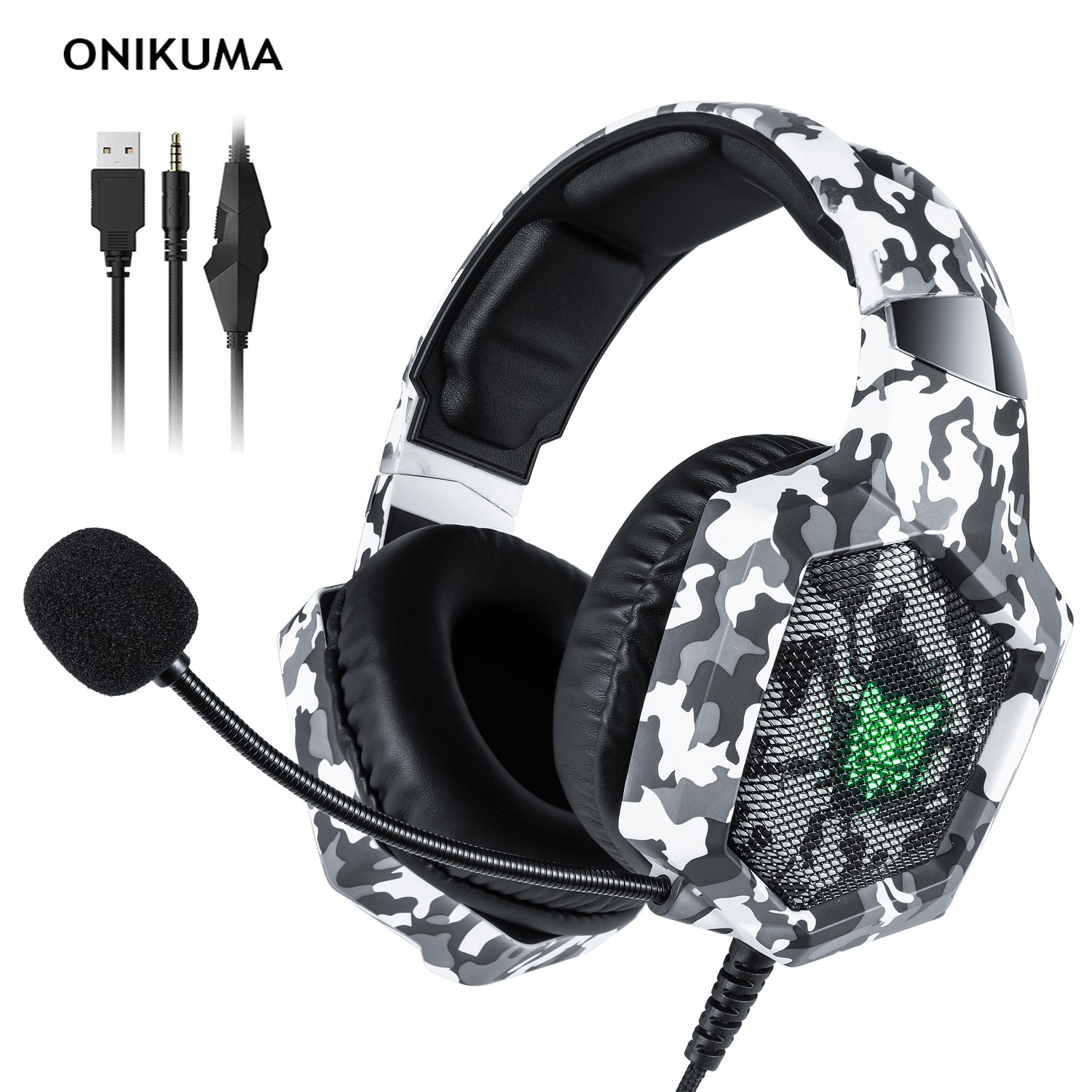 Gaming Headset, ONIKUMA K8 Gaming Headset Wired Stereo Headphones Noise-canceling with Mic LED Lights Earphone for PS4 XBox One PC Laptop Tablet, Grey Camo