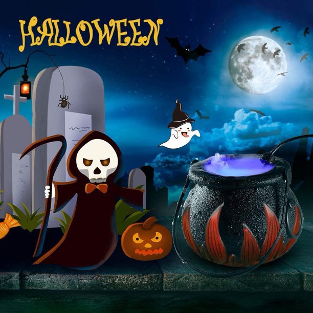Witch Pot Smoking Cauldron Mini Mist Maker Halloween Decoration Lights Plastic Fog Maker Witch Cauldron Candy Holder Matte Black