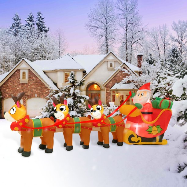 10 Foot Long Lighted Christmas Inflatable Santa Claus on Sleigh with 3 Reindeer Lights Decor Outdoor Indoor Holiday Decorations Blow up Lawn Inflatables Home Family Outside Decor