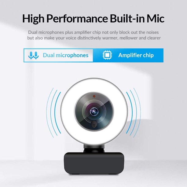 4K HD Webcam, Web Camera with Built in Mic and Adjustable Ring Light, Autofocus Webcam with Tripod for Live Streaming Gaming Video Calling Conferencing Recording, Noise Reduction & Beauty Retouch