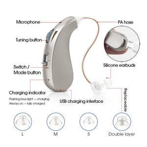 Doosl Rechargeable Hearing Aids for Seniors and Adults, Best Digital Hearing Amplifiers with Noise Canceling, Hearing Devices with USB Charging cable, Silver