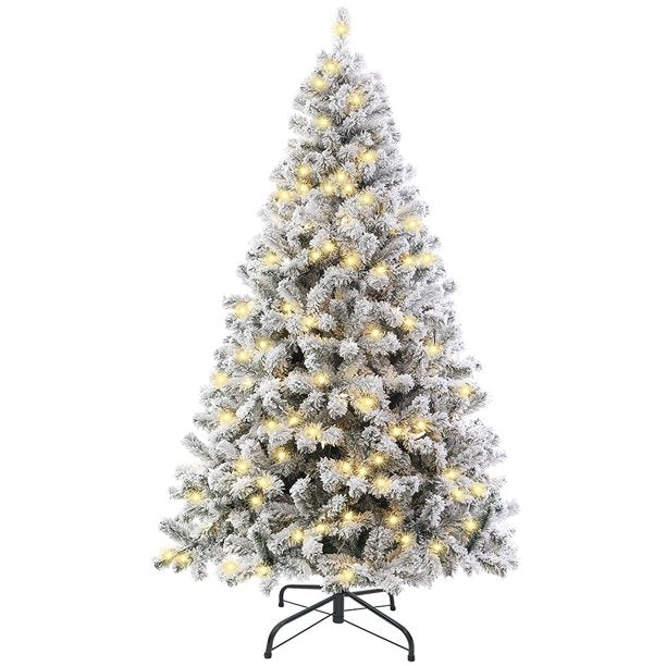 6 Foot Pre-lit Snow Flocked Christmas Tree with 100 LED Lights, Artificial Snowy Xmas Tree with Reinforced Metal Base for Home Office Party Holiday Decorations ,White
