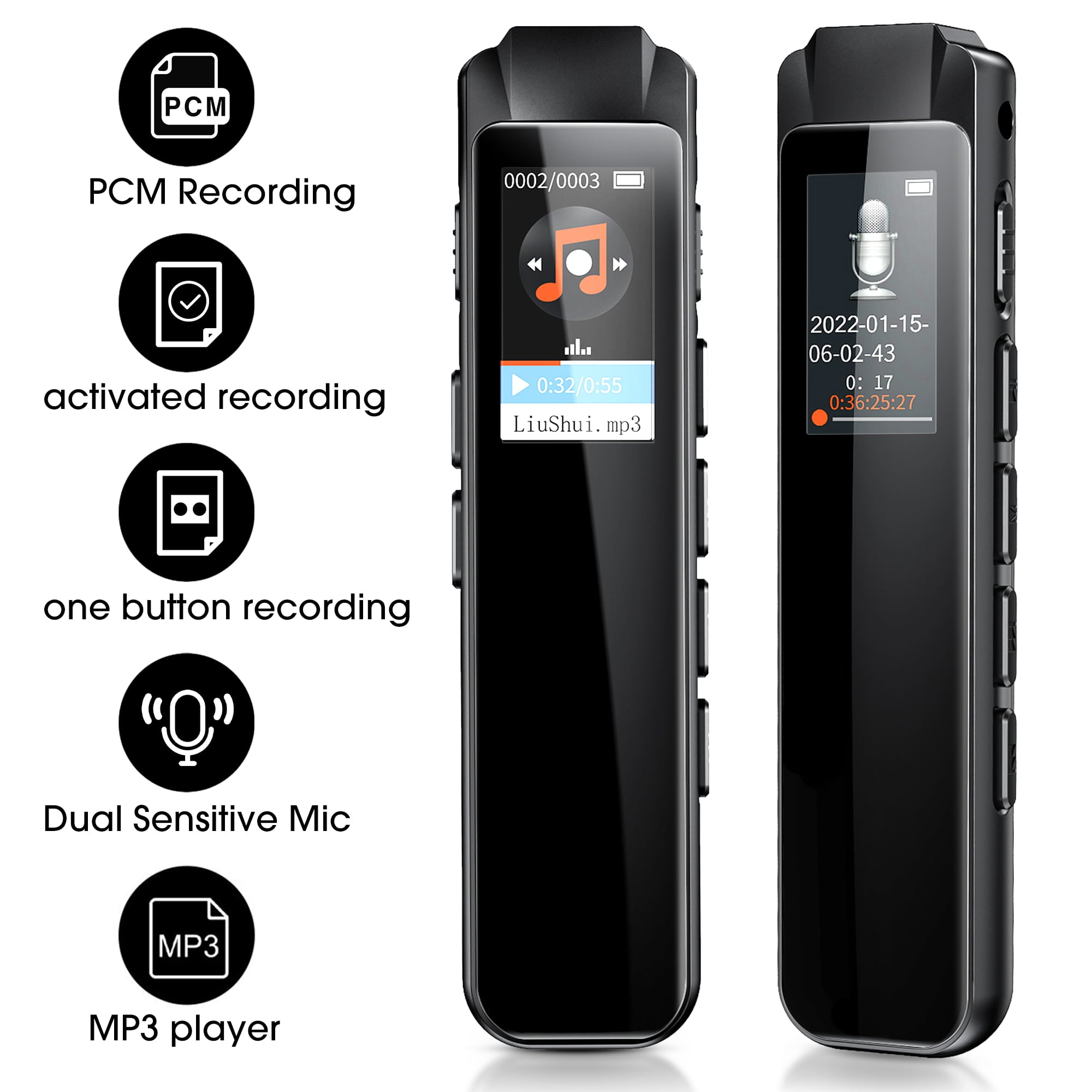 Digital Voice Recorder, USB Rechargeable Audio Recorder with MP3 Player, Mini Voice Activated Recorder Spy Dictaphone for Meetings Lectures Interviews Class