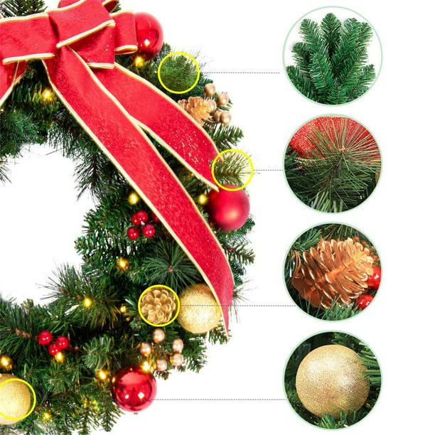 Christmas Wreaths for Front Door, 24 inch Pre-Lit Christmas Wreath with Lights and Timer, Battery Operated, Red Bow, Pine Cone, Golden & Red Berry, Balls Ornaments