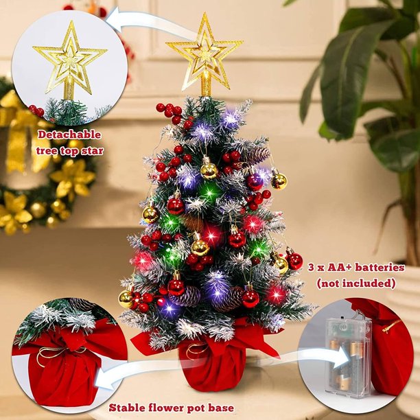 Mini Decorated Christmas Trees, 20in Tabletop Christmas Trees with LED Lights, Christmas Tree Star Topper, Ornaments. Xmas Decorations Festival Home Party Ornaments