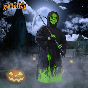 Grim Reaper Boys Halloween Costumes Glow in the Dark Kids Costume Set with Scythe and Skull Gloves, Sizes L