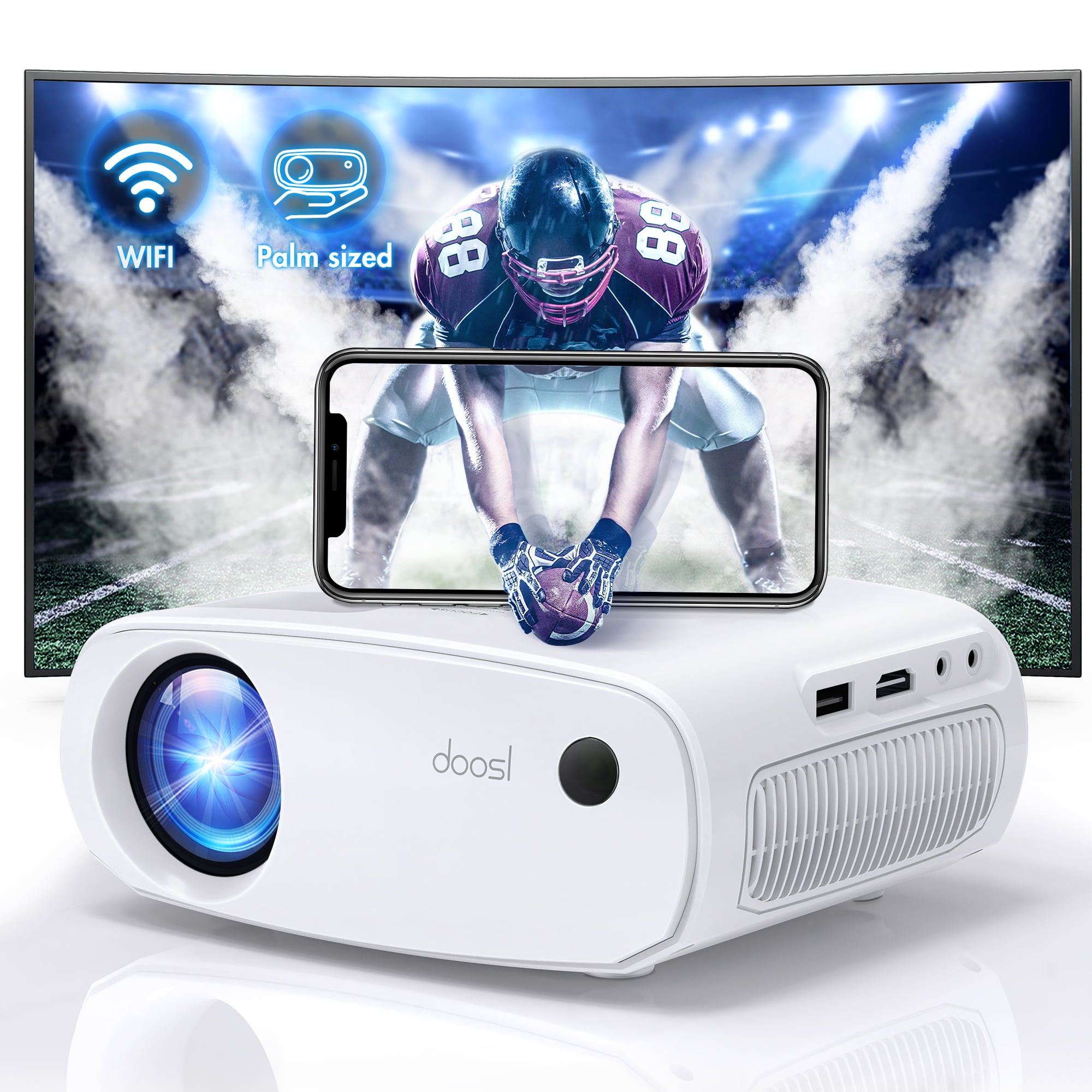 Doosl Mini Wifi Projector, Portable Outdoor Movie Projector for iPhone, LCD Full HD 1080P Supported, 66,000 Hours LED Lamp Life, Home Theater Projectors Compatible with iOS Android Phone, White