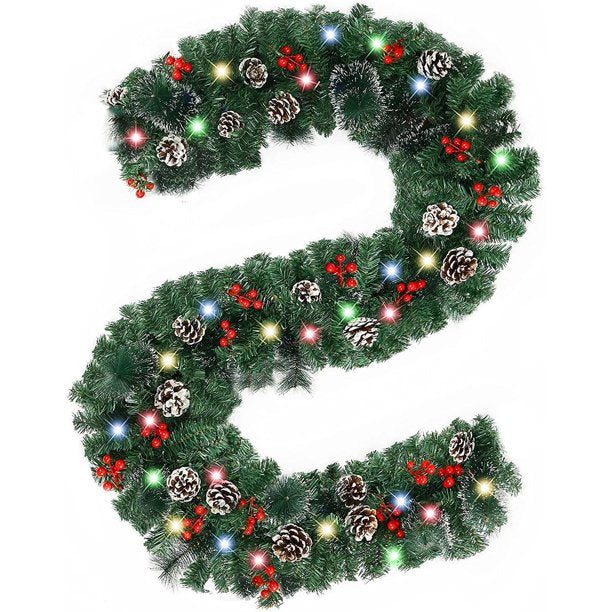 9 Ft Pre-lit Christmas Garland, Vinmall Decorated Garland with Lights Battery, Pine Mantle Garland for Outdoor Indoor Fireplace Mantel Door Railing Christmas Tree Xmas Holiday