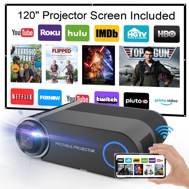 Projector with 120'' Screen, Doosl 1080P HD Wifi Video Projector with TV Stick for Home Outdoor Theater