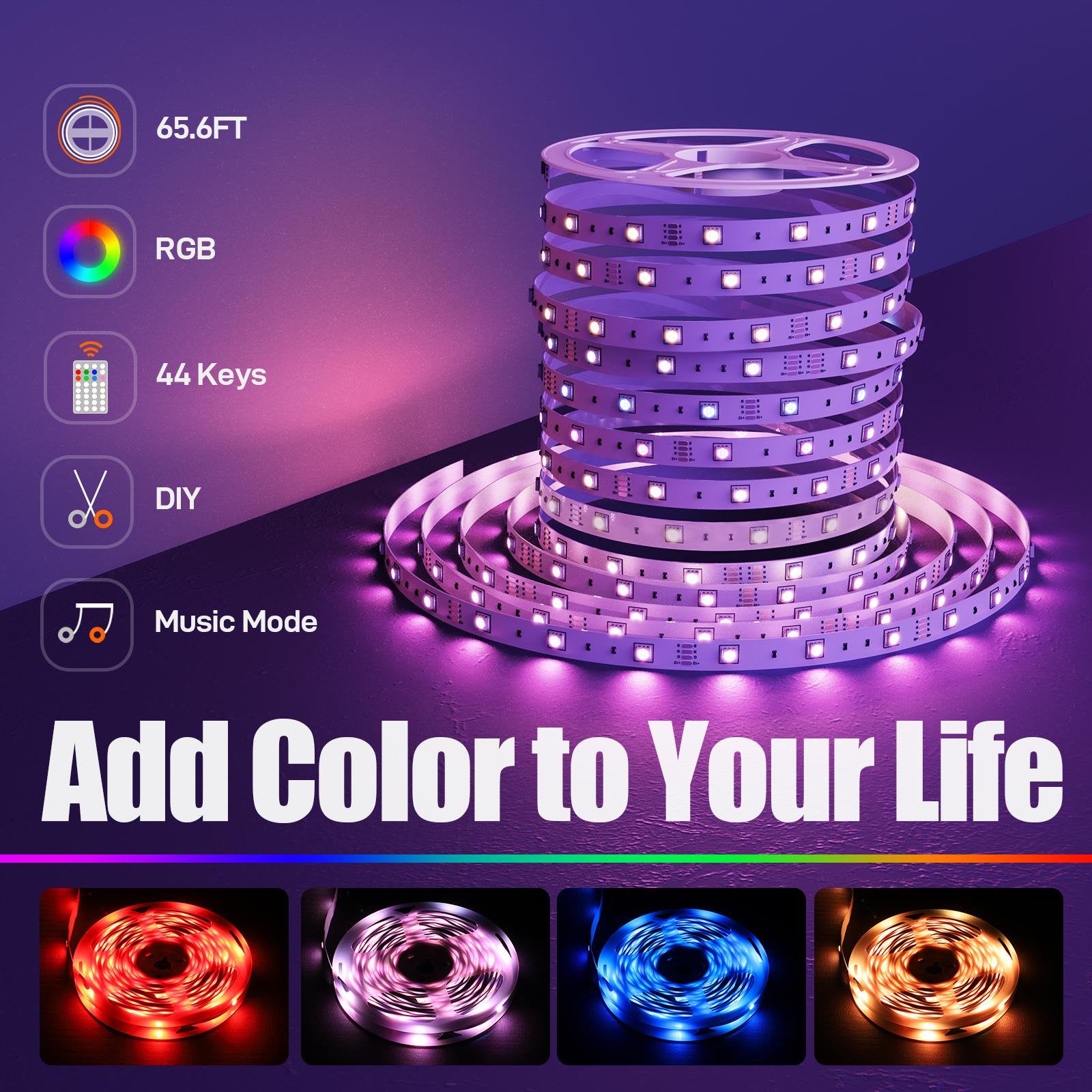 LAIGHTER 65.6ft LED Strip Lights, Ultra Long Music Sync RGB 5050 Color Changing LED Music TV Strips Kit with 44 Keys IR Remote and Fixing Clips, for Bedroom Kitchen Home Party Bar Car Xmas Rope Lights Decor