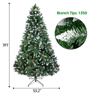 Melliful 7ft Artificial Christmas Tree, with 800 Branch Flocking Spray White Tree Plus Pine Cone, Pre-lit Pencil Feel Real Skinny Fir Tree with 61 Cones Berries and Foldable Metal Stand