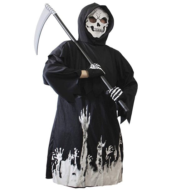 Melliful Halloween Kids Costumes, Grim Reaper Costume, Cosplay Black Robe with Glow Pattern, Soul Taker Child Costume, Halloween Weapon Included