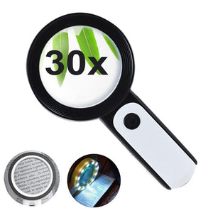 Magnifying Glass with Light，30X Handheld Large Magnifying Glass 18 LEDs Luminated Cold and Warm Lighted Magnifier for Seniors Reading, Coins, Stamps, Inspection