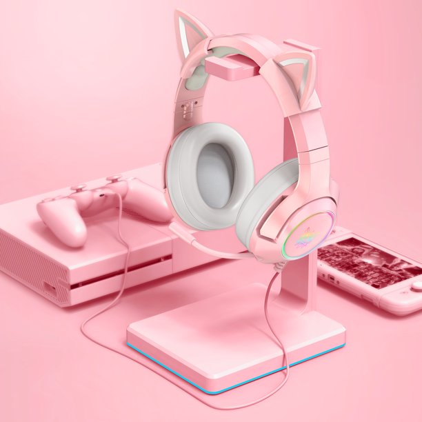 Pink Gaming Headsets with Removable Cat Ears, Compatible with PC PS4 PS5 Xbox One Mobile Phones,Gaming Headphones with Surround Sound, RGB Backlight & Noise Canceling Retractable Microphone