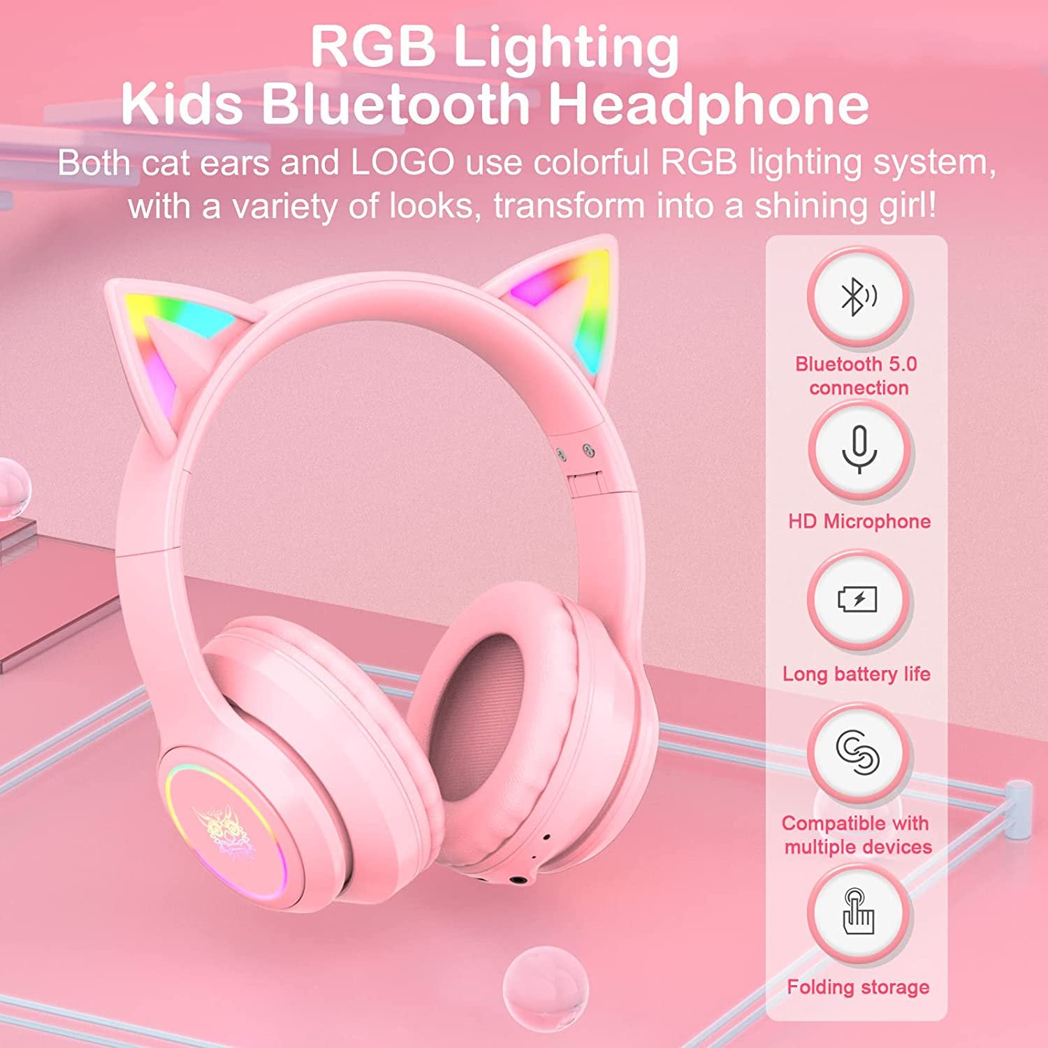 Wireless Bluetooth Headset, ONIKUMA B90 Cat Ear LED Light Up Noise CancellingOver Ear Headphones, Volume Control and Foldable Headset for Tablet/PC/iPad/Cell Phones, Gift for Kids Boys Girls