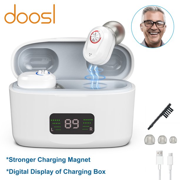 Doosl Personal Sound Amplifiers for Seniors with Noise Reduction, Mini Invisible Aid Digital Personal Sound Amplifier Voice Enhancer Devices with Portable Charging Case for Ears,White,1 Pair