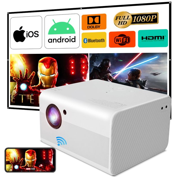 Doosl Mini Projector, 1080p Full HD Projector Bluetooth WiFi Projector with Android System Portable Projector Compatible with PS4 IOS Android HDMI USB Laptop