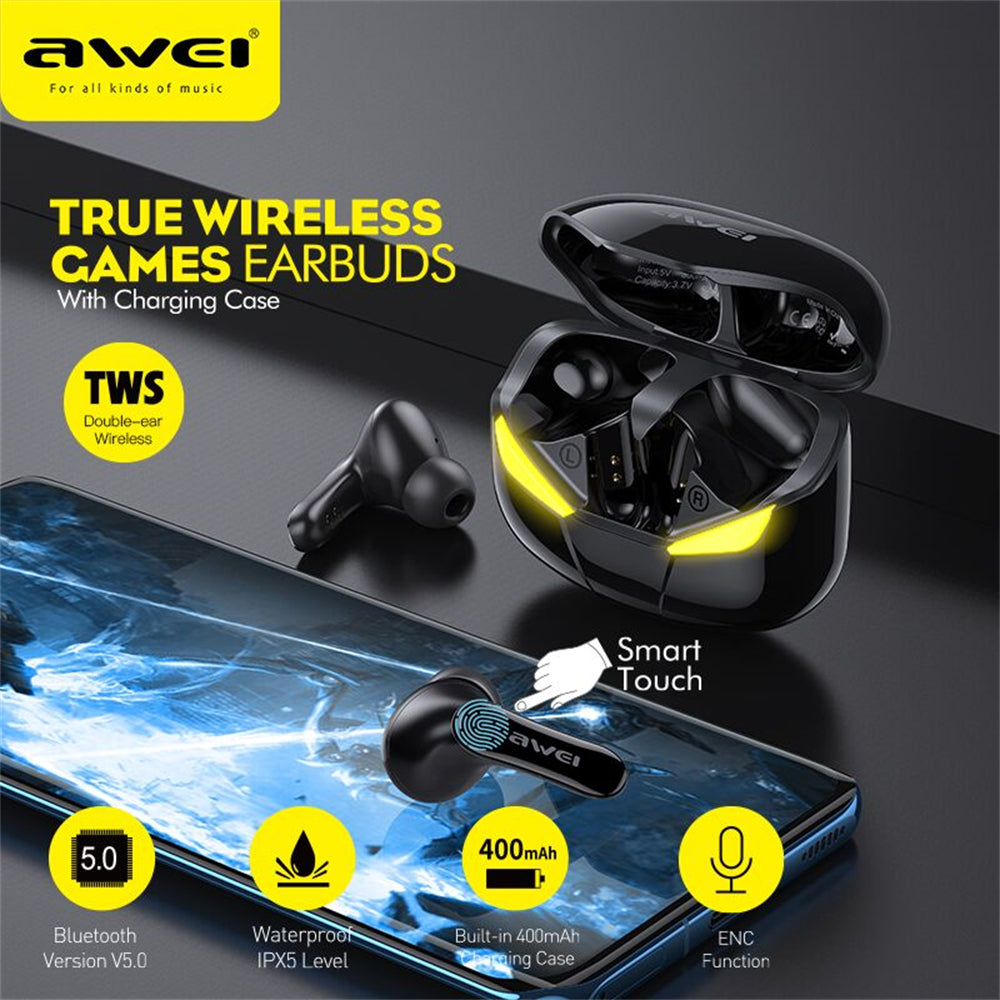 AWEI T35 True Wireless Earbuds with Wireless Charging Case, Bluetooth 5.0, ENC 8.0 Noise Cancellation, Ultra-Low Latency Hi-Fi Stereo Earbuds for Gaming & Music, Compatible with IOS Android, Black